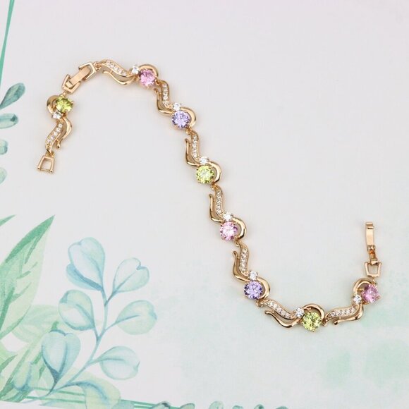 "Rose Gold Bracelet with Wavy Design and Pastel Gemstones, XPBL0817 - Picture 3 of 12